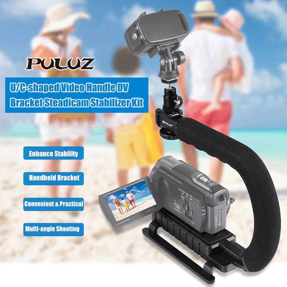 PULUZ U/C Shape Portable Handheld DV Bracket Stabilizer Kit for Apple Iphone Sony Samsung Panasonic Huawei Xiaomi with Cold Shoe Tripod Head Phone Clamp Quick Release Buckle Long Screw
