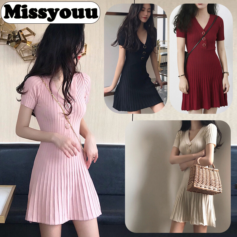 Missyouu Women's Short Sleeve V-Neck Pleated Buttons Slim Fit A-Line Knitted Dress