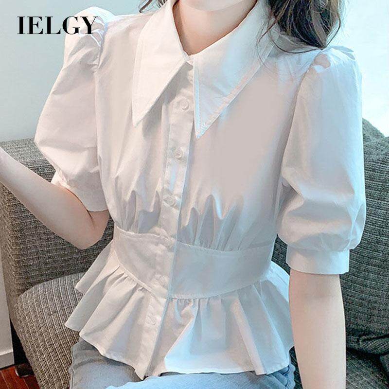 IELGY women's white ruffled pleated waist short-sleeved shirt