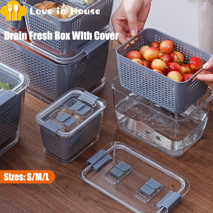 Kitchen Plastic Storage Box Fresh-Keeping Box Refrigerator Fruit Vegetable Drain Crisper Storage box with cover