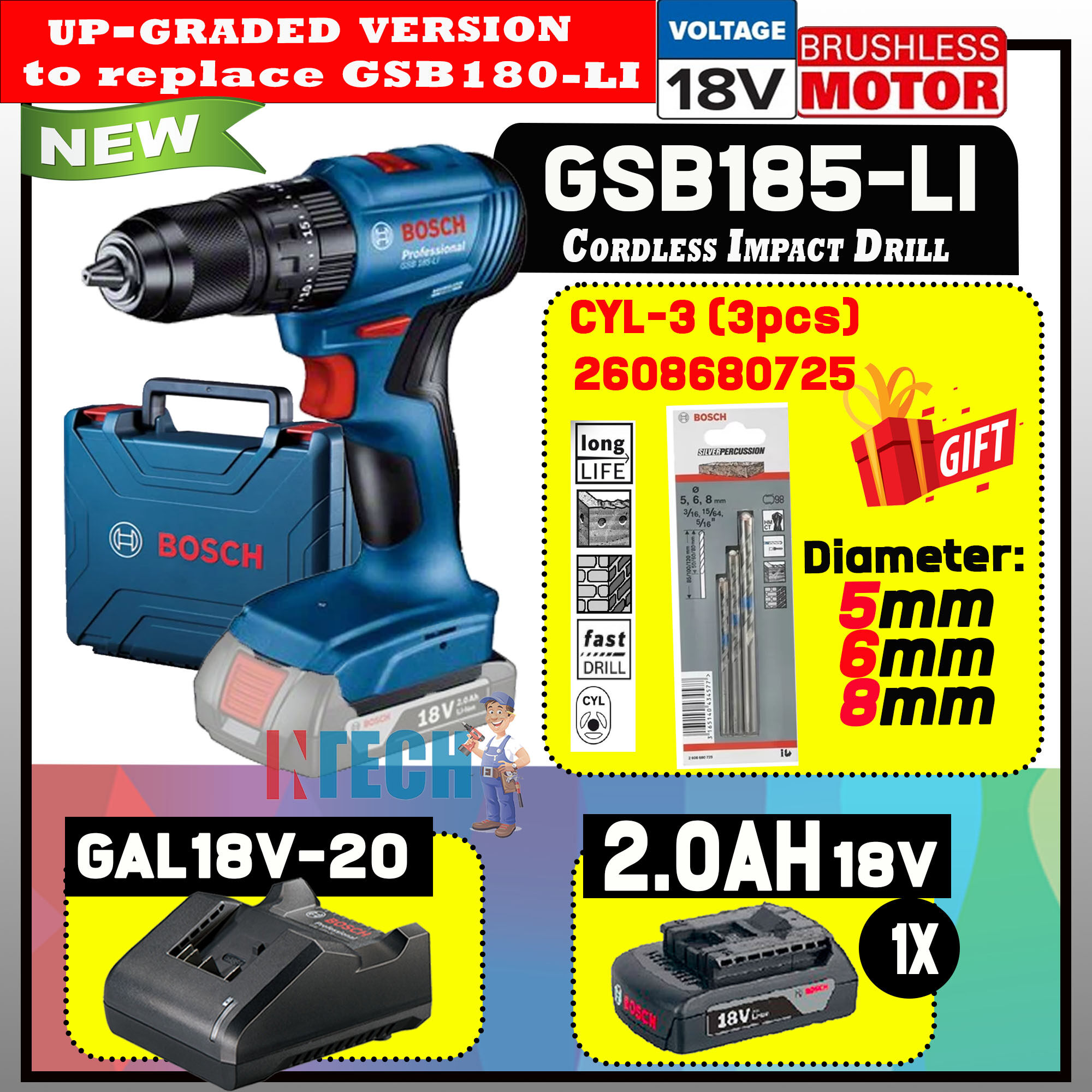 BOSCH 18V GSB185LI BRUSHLESS MOTOR CORDLESS IMPACT DRILL + 3PCS CYL3