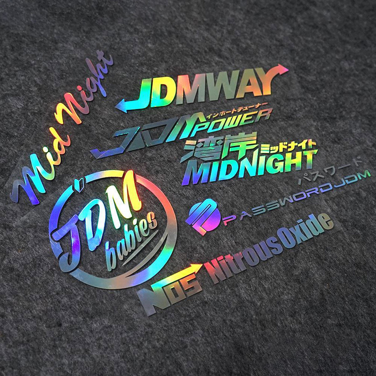 JDM Rainbow Laser Phong cách Nhật Bản Bay Shore Thời trang Thư tiếng Anh Tự động Cửa sổ phía sau Kính chắn gió Sticker Xe gắn máy Mũ bảo hiểm Sticker