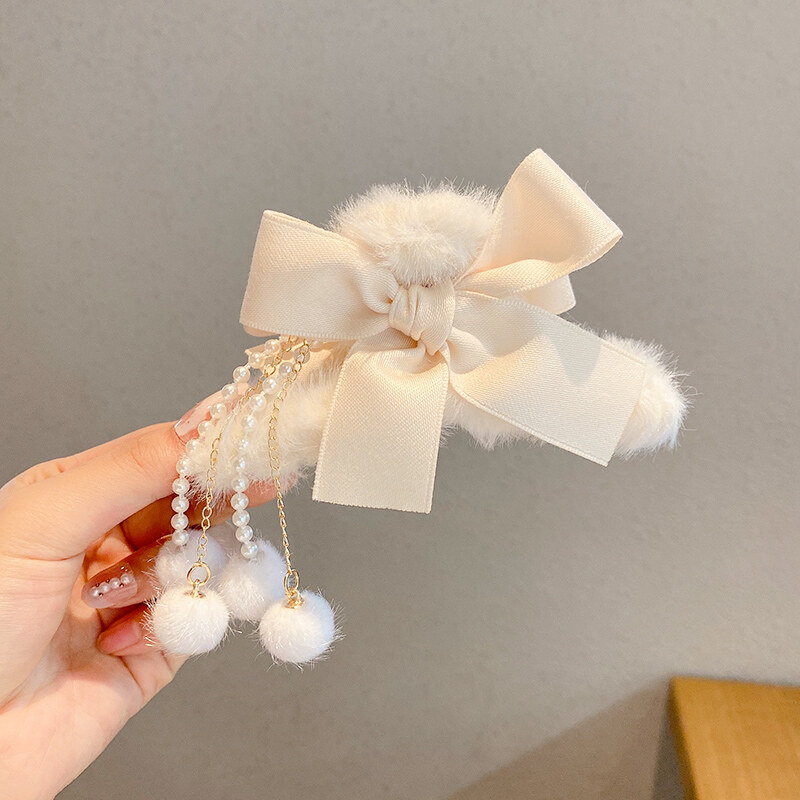 Korea Autumn and Winter Furry Bow Hair Clip Women Girls Large Tassel Shark Clip