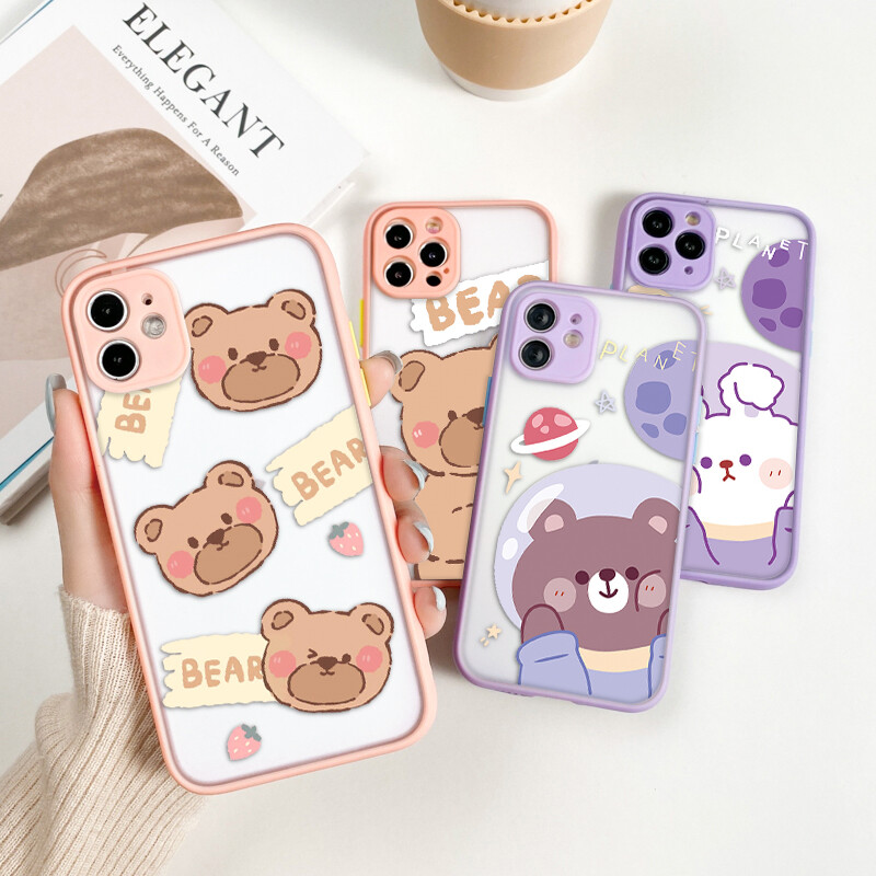 AKABEILA Cute Bear Rabbit Cases for IPhone 12 11 Pro Max X XR XS Max 66s 7 8 Plus SE 2020 Four Corners Anti-collision Couple Models Phone Cases Shockproof Covers