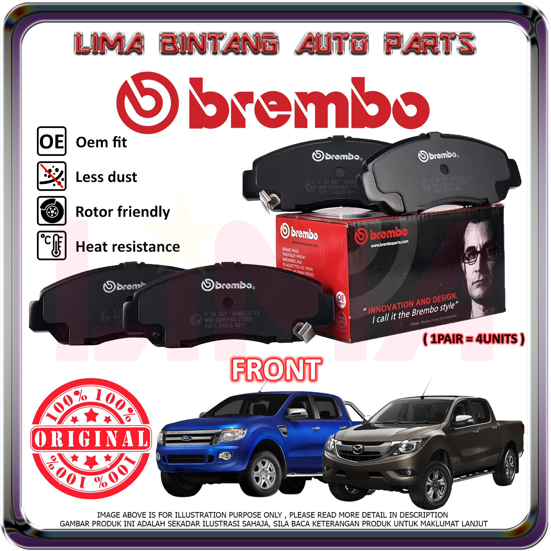 Ford Ranger T6 , Mazda BT50 Front Brake Pads , Disc Brake Pad Brembo
