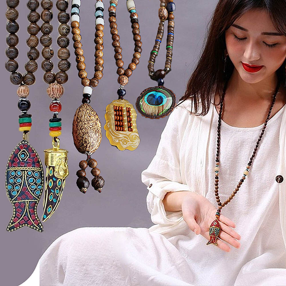 Men Women Mala Buddhist Nepal Fish Wood Beads Necklace Pendant Long Necklace