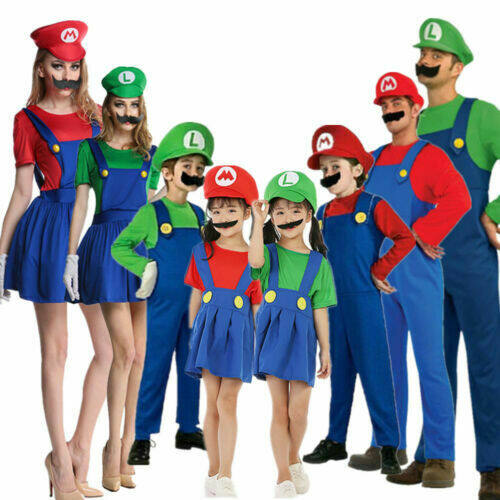 Adult Kids Super Mario Cosplay Costume Luigi Bros Plumber Brothers Fancy Dress For men women