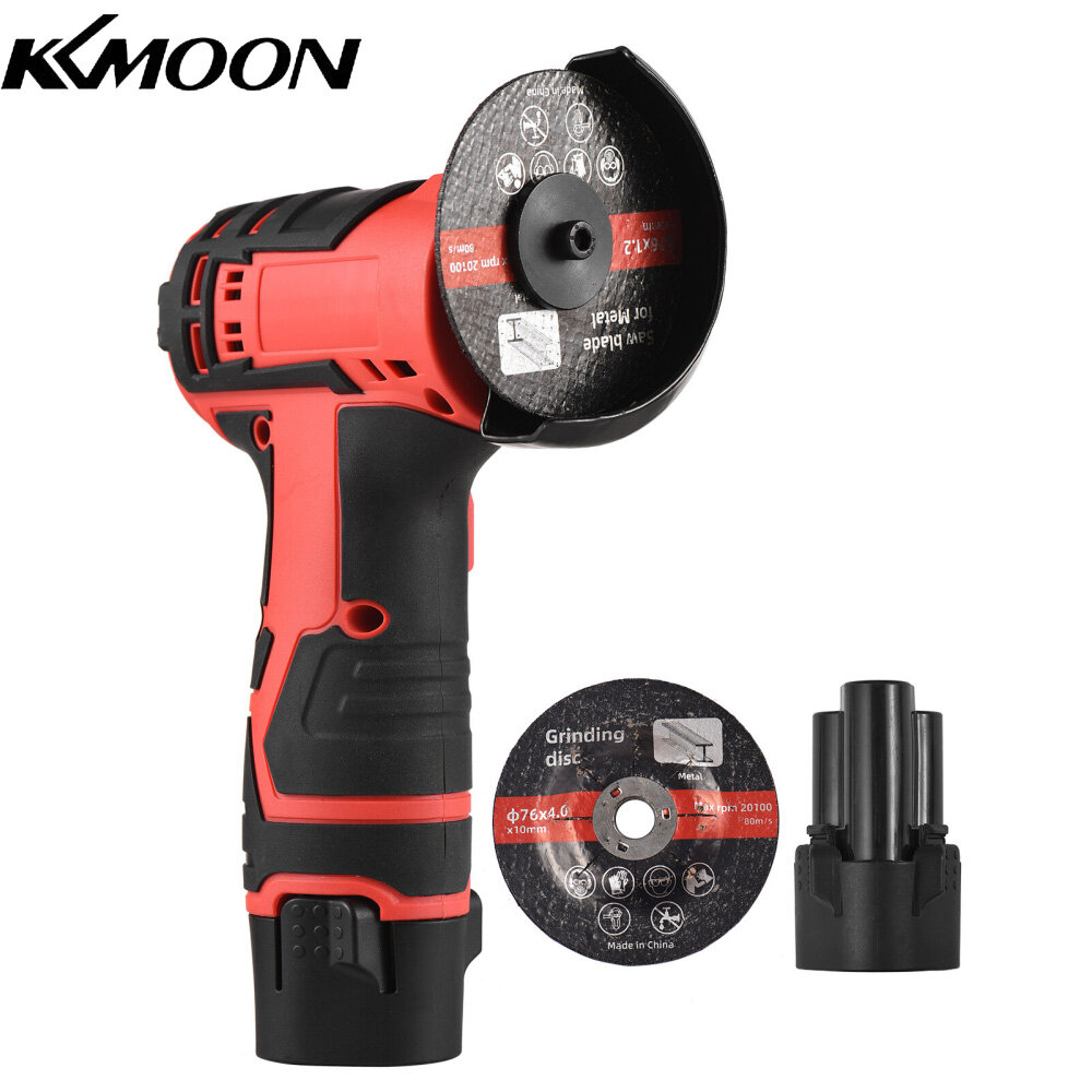 KKmoon 12V Cordless Angle Grinder Kit Lightweight Angle Grinder Tool with 3Inch/76mm Ginding Disc 2PCS 2.0Ah Lithium-Ion Bat-tery & Charger Ergonomic Button Position for Reducing Hand Pressure Include Cutting and Grinding Disc