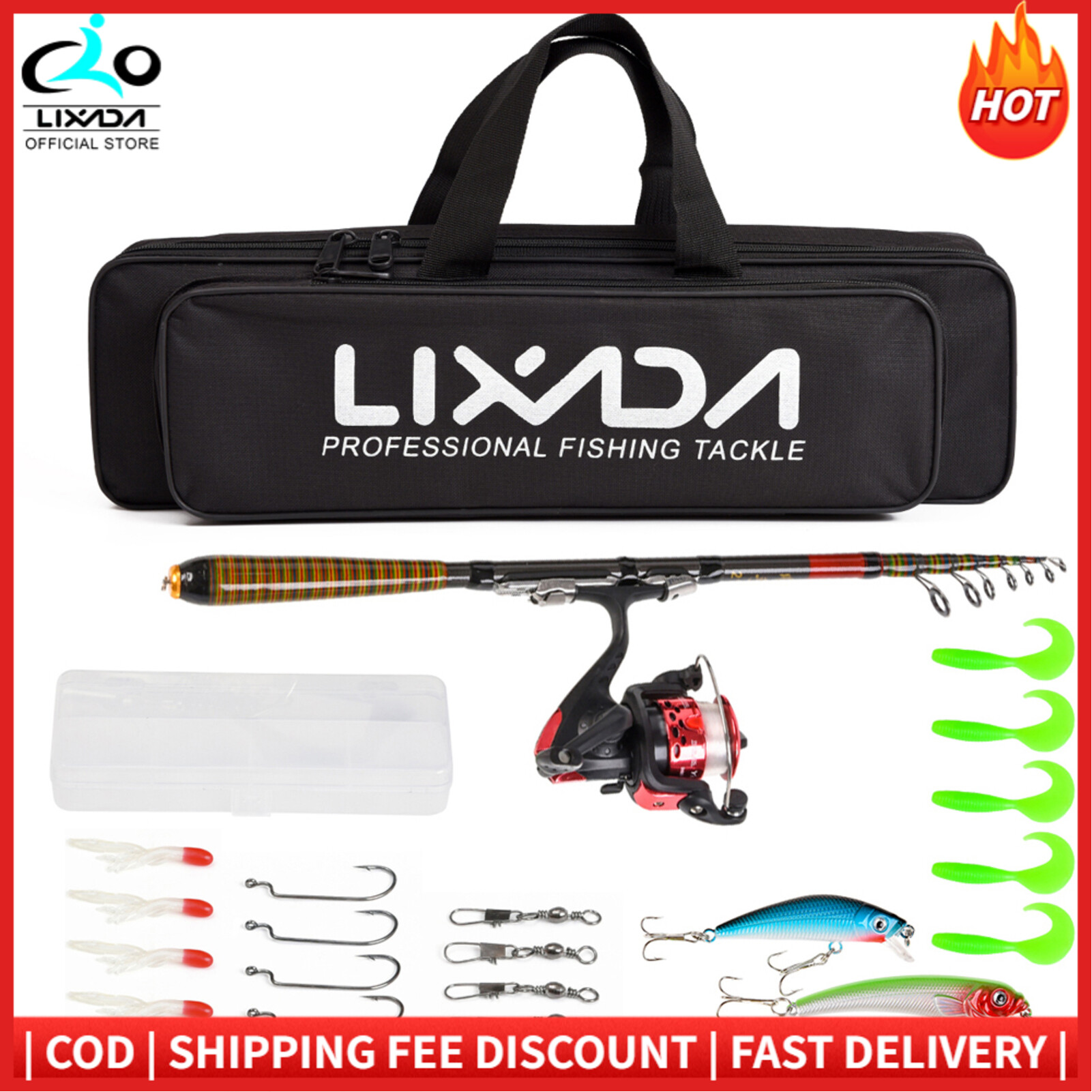 Lixada Carbon Fiber Telescopic Fishing Rod and Reel Combo Full Kit Spinning Fishing Reel Fishing Lure Gear Organizer Pole Set