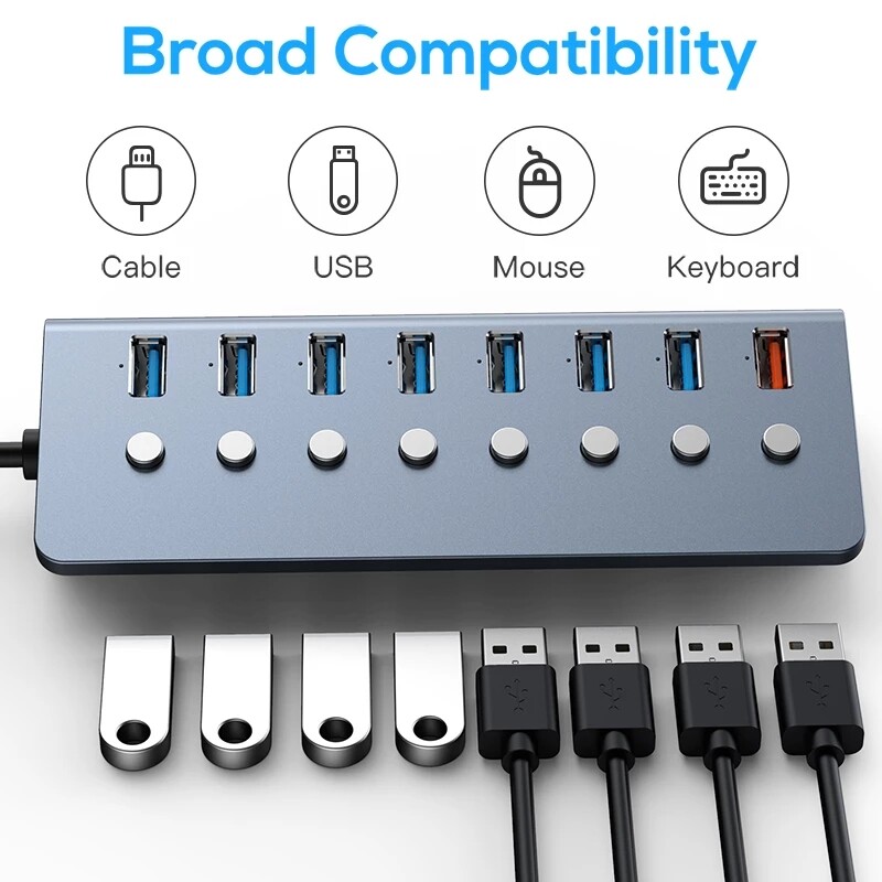 Bộ Chia USB JDB Usb 3.0 Với Công Tắc Độc Lập, Nguồn Điện Bên Ngoài, Bộ Mở Rộng Đa Giao Diện, Hub, Một Cho Bảy Cổng