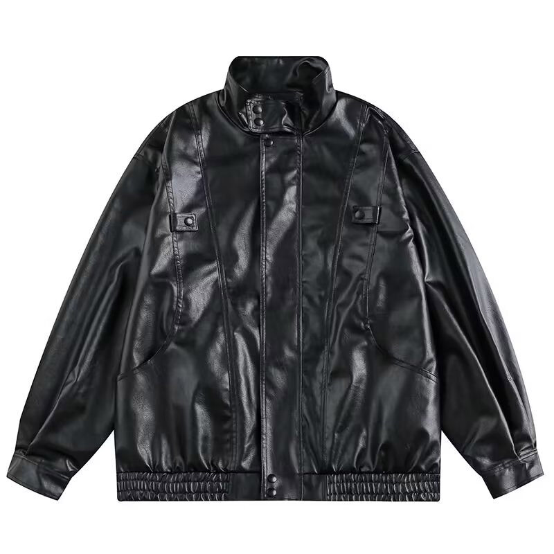 VUNC Men's classic simple oversized cowhide stand collar black leather jacket biker leather jacket