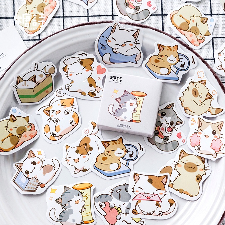 46 Pcs Japanese Cartoon Cat Seal Sticker Diary Notebook Decoration Sticker Set