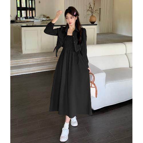 Fashionable and elegant drawstring short coat autumn high-waisted A-line suspender dress two-piece set
