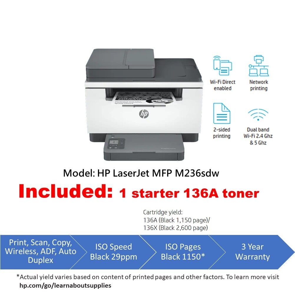 HP LaserJet MFP M236sdw All In One Wireless Laser Printer With ADF and