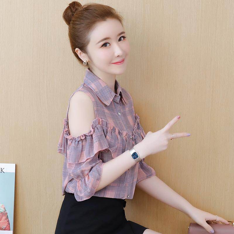 Summer new Korean version of POLO collar strapless ruffled sleek minimalist loose slimming wild plaid chiffon short-sleeved women's shirt