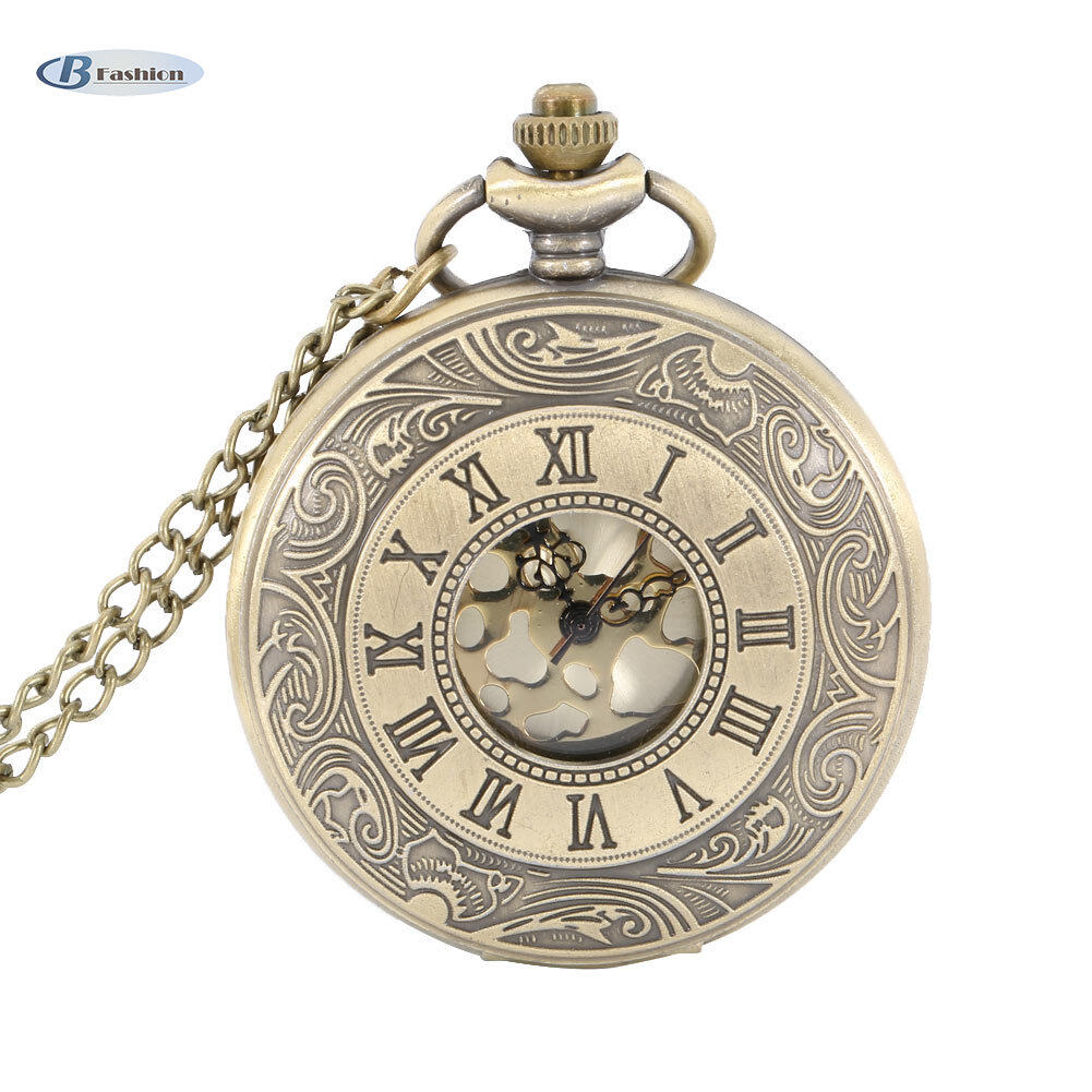 B-F Antique Vintage Roman Number Quartz Pocket Watch Round Case Pendant Necklace Chain Clock Gifts