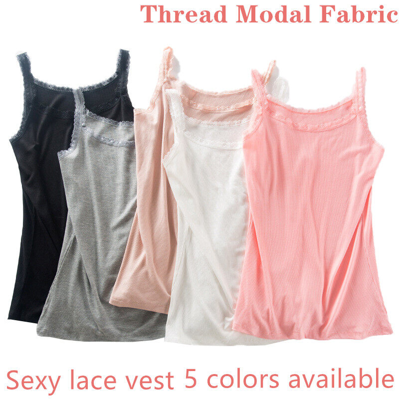 2021 New Summer Women's Lace Round neck Vest For Women Modal Cotton Solid color Plus size Bottoming Shirt Ladies Home Wear Sexy Sling Female Student Halter Top