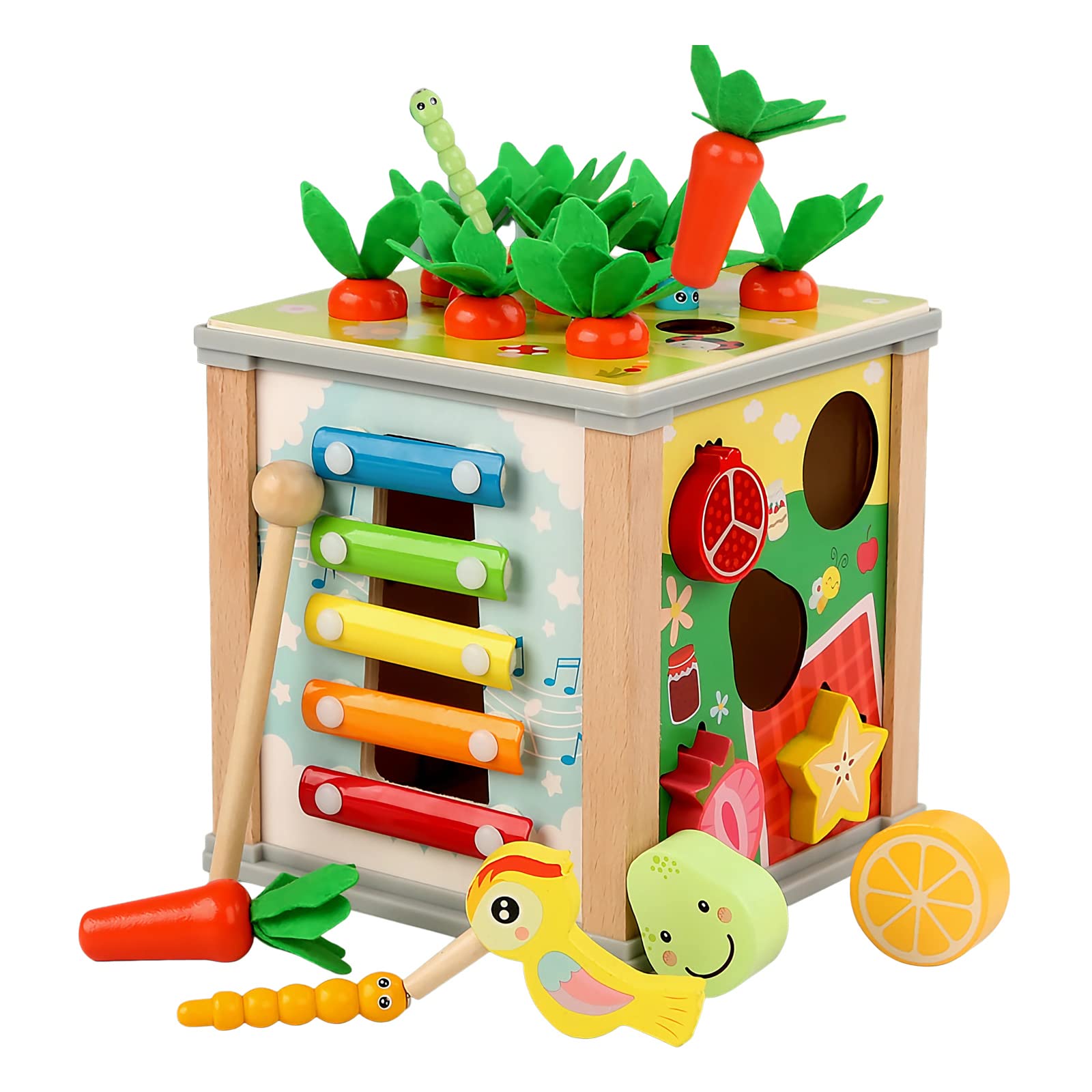 6 in 1 Wooden Toddler toys, Montessori Baby toys, Early Education Baby Toy Gifts, Shape recognition, xylophone, clock, bird worms, Carrot harvesting, rotating gears, preschool sensory toys