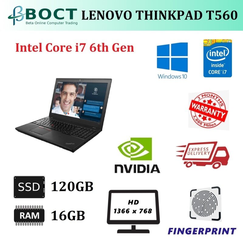 Lenovo ThinkPad T560 / Intel Core i7 6th Gen / 15.6-inch screen HD / NVIDIA GeForce 940MX / Optional Ram / Optional SSD / Mini Display Port / HDMI / Webcam / Windows 10 Pro / Refurbished Malaysia