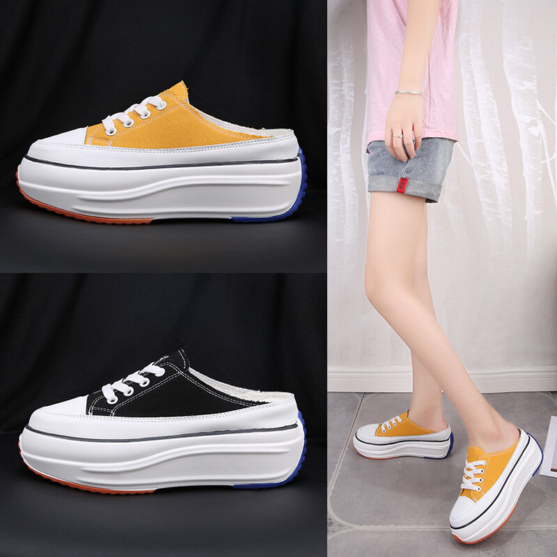 Summer Half Slippers Without Heel Inside Increase Women Canvas Shoes Outdoor Women Walking Shoes