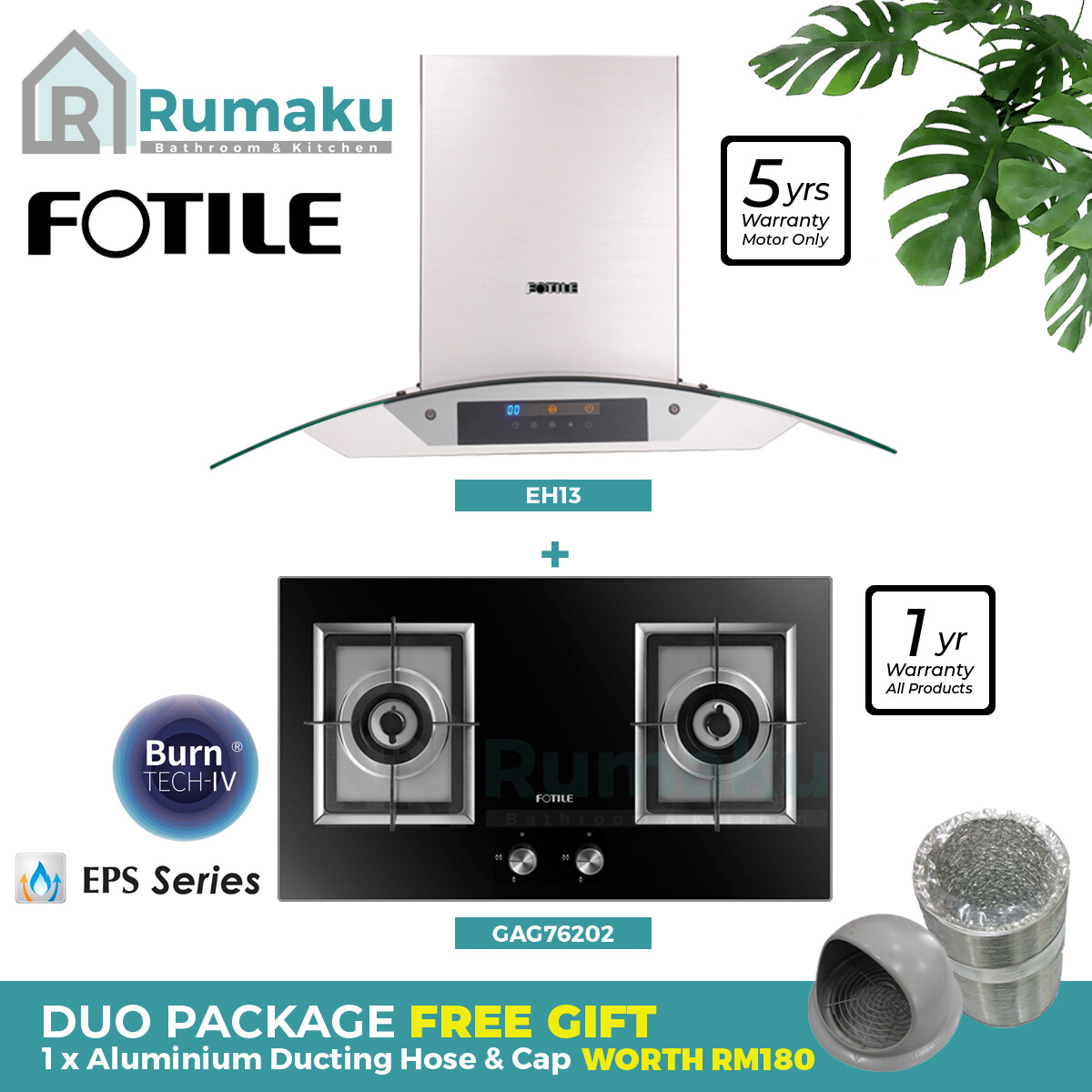 FOTILE Special Duo Package EH13 Chimney Cooker Hood + GAG76202 BuiltIn Gas Cooker Hob [FREE