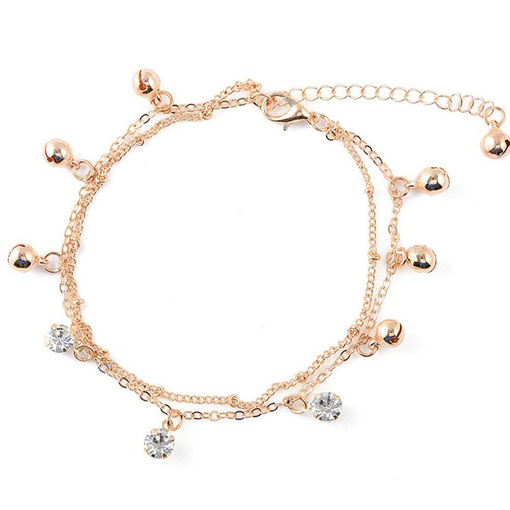 Talent Star Women Bell Rhinestone Charm Double Layer Anklet Foot Bracelet Beach Jewelry