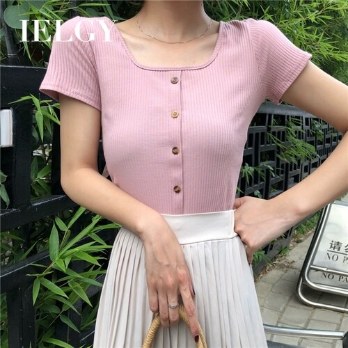 IELGY Korean short-sleeved women's collar single-breasted Slim solid color scheming niche clothes ins tide