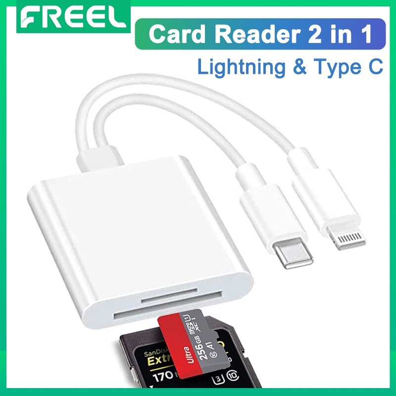 Multi 2-in-1 lightning+type c card reader for iphone/ipad/android/mac book/computer/camera, memory adapter for sd/micro sd/sdhc/sdxc
