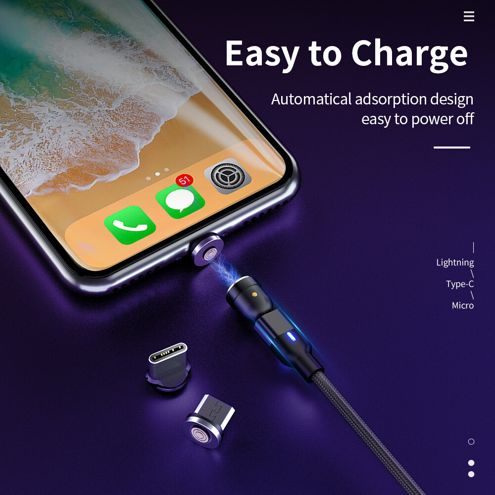 Cáp Nam Châm Hoco 3 Trong 1, Đầu Tròn Sạc Nhanh 3A Xoay Type-C /Micro USB/Chiếu Sáng Cho iPhone HUAWEI OPPO ViVO