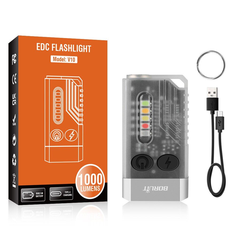 Boruit V10 Portable Micro Flashlight EDC Keychain Flashlight Type-C Rechargeable 365Nm UV Flashlight Beep Portable Alarm Torch