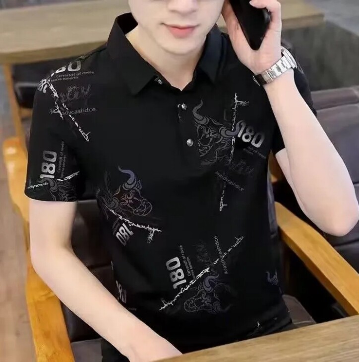 SONIX Short Sleeve Polo Shirt Men's Korean Version Slim Lapel T-shirt Youth Print Black T-shirt