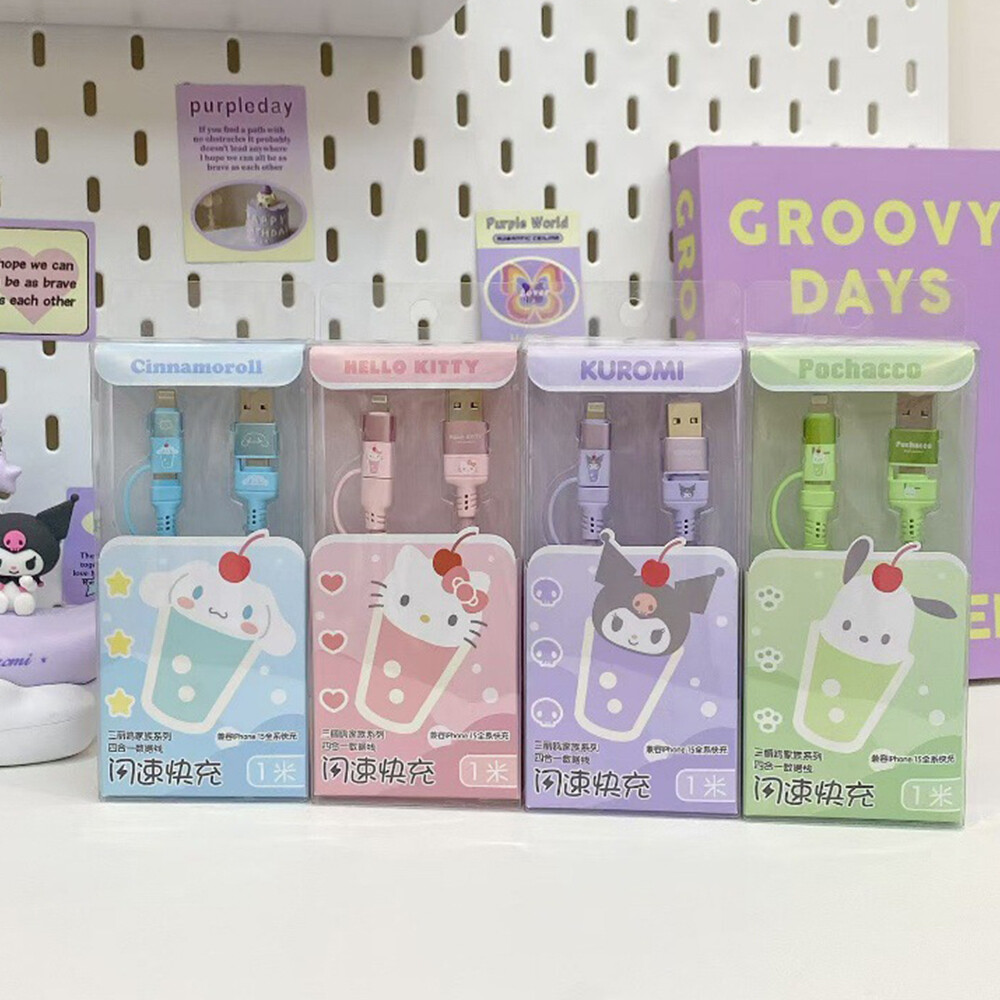 (20W/4-IN-1)100% Authentic Sanrio Hello Kitty Cable Fast Charging USB Cable Type C Lightning Cables Cinnamoroll for iPhone15 16 iOS and Android Smartphone Kuromi Pochacco SS-592