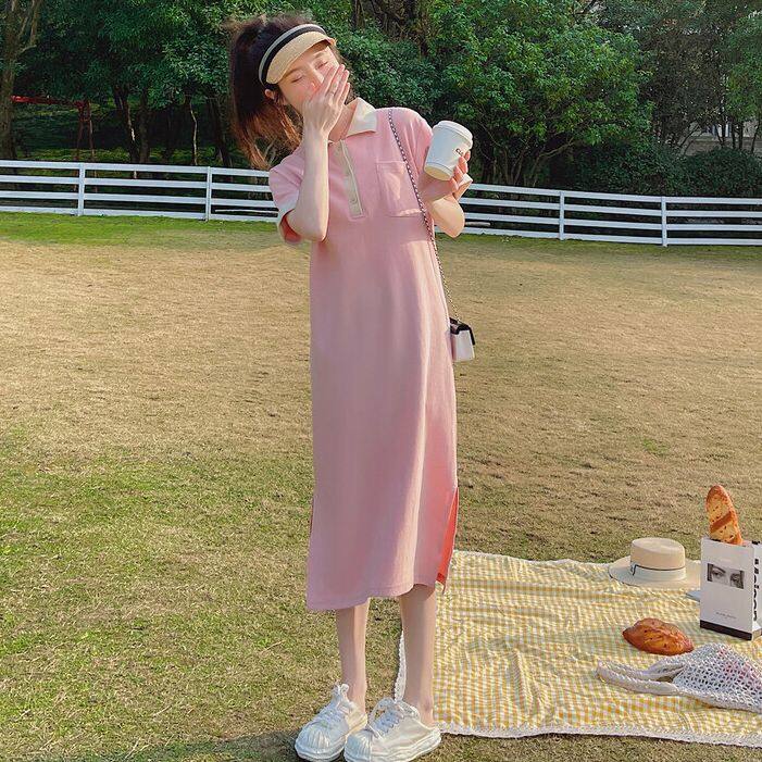 Missliu Fashion Women's Pink Sweet Polo Dress Summer 2022 New Loose Straight Long T-Shirt Skirt