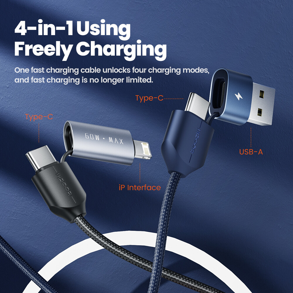 Toocki USB-A Type-C cáp sạc 4 trong 1 PD/Lightning/Type-C/Iphone cáp dữ liệu nhanh sạc điện thoại Iphone 12 Pro Max iPhone 11 Pro Huawei Samsung Xiaomi