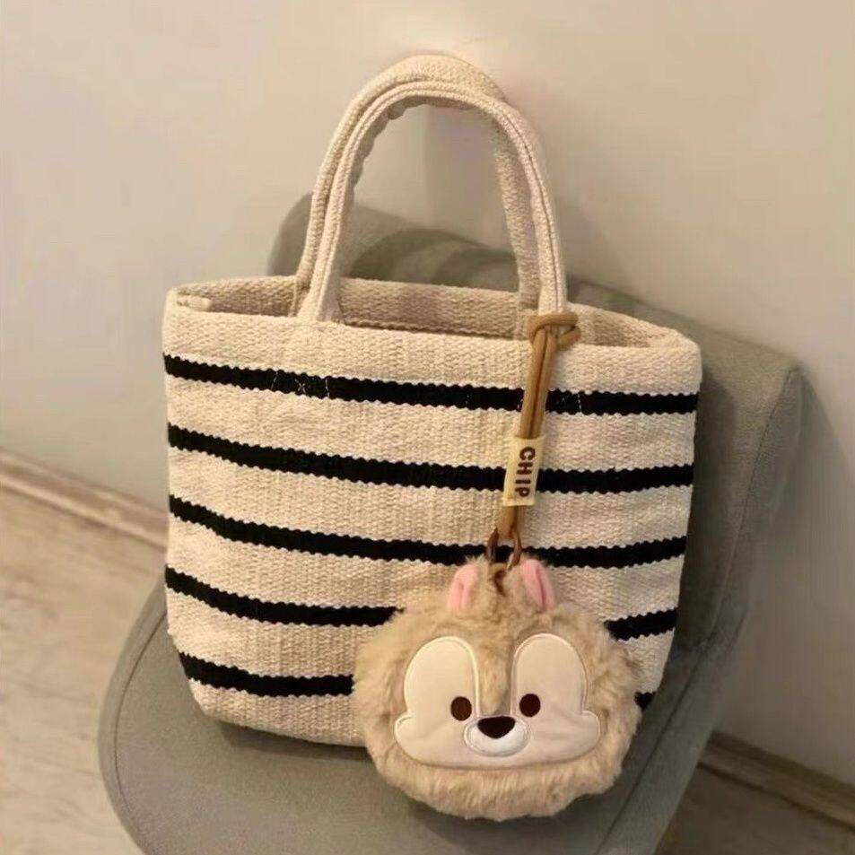 CHERL & KOLRS Women's hand-woven tote bag small tote bag simple striped handbag rice bag cotton bag