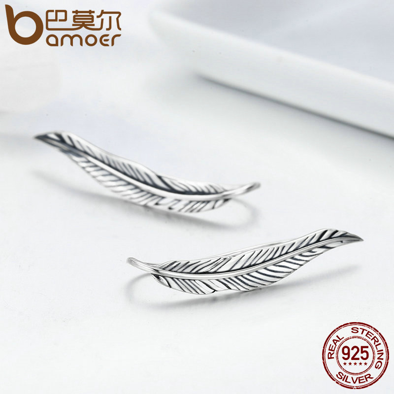 BAMOER Miễn Phí Vận Chuyển Bông Tai Dạng Hạt Hình Cánh Lông Vũ Bằng Bạc Ý 100% 925 Thật Với Đá CZ Trong Suốt Màu Trắng Cho Nữ Trang Sức Kỷ Niệm SCE258