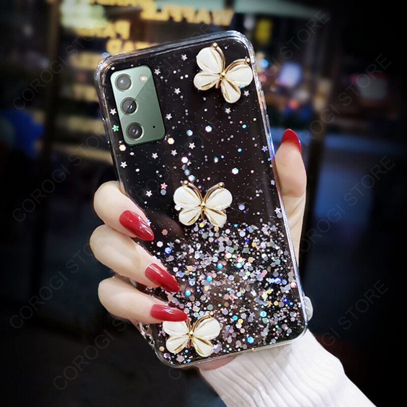 For Samsung Galaxy Note 20 / Note 20 Ultra 5G Case, Fashion 3D Diamond Butterfly Slim Shiny Glitter Starry Space Girls Phone Casing Clear Soft TPU Silicone Bumper Shockproof Cell Phone Cases Protective Cover Women Lady