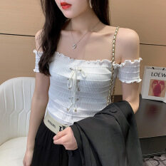 [Fashionapparel] Áo Dệt Kim Hở Vai Cho Nữ, Áo Thun Buộc Chéo Màu Trơn Tay Ngắn Oomph