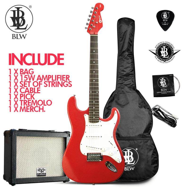 BLW Glitz Stratocaster Style Electric Guitar Starter Beginner Pack comes with 15wAmplifier, Bag, Cable, Strings, Pick and Merchandise Sticker (Red) Malaysia