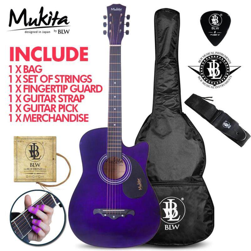 Mukita by BLW Standard Acoustic Folk Cutaway Basic Guitar Package 38 Inch for beginners with Bag, Pick, String Set, Strap, Fingertip Guard and Merchandise Sticker (Violet) Malaysia