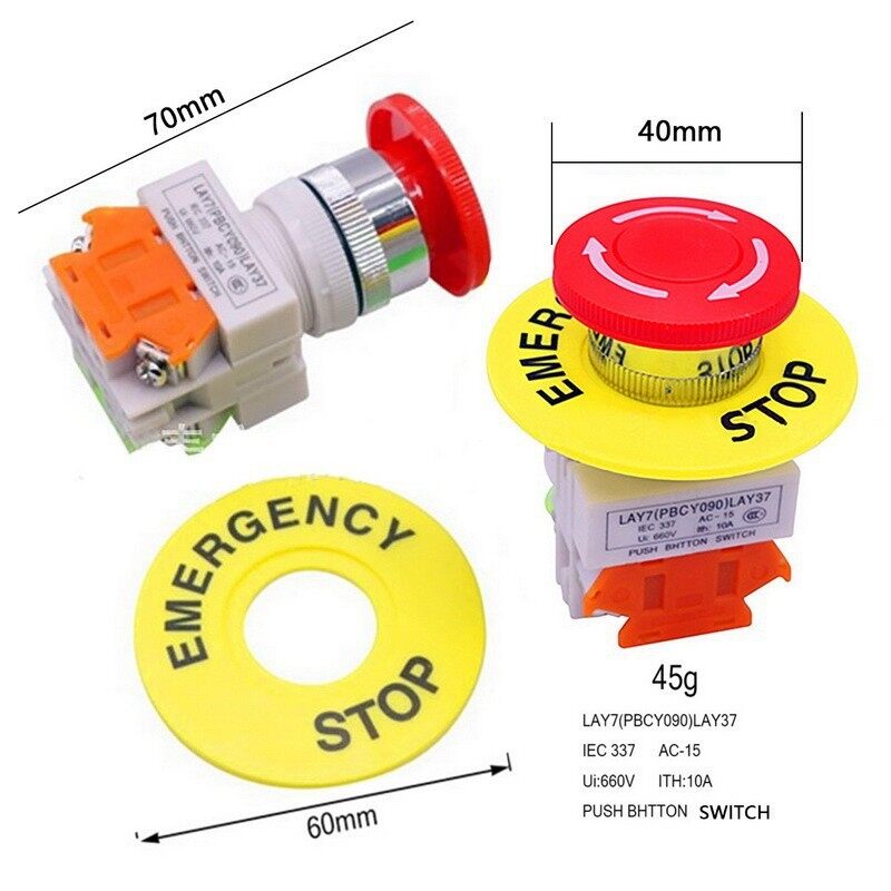 1 cái Nút nhấn dừng khẩn cấp Nút bấm màu đỏ Nắp nấm 1NO 1NC DPST AC 660V 10A Công tắc nút bấm với chuông cảnh báo màu vàng