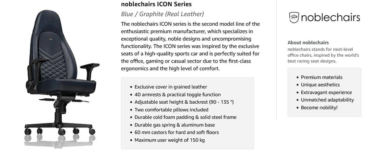 noblechairs Icon Series Premium Gaming Chair Up to 150kg Users