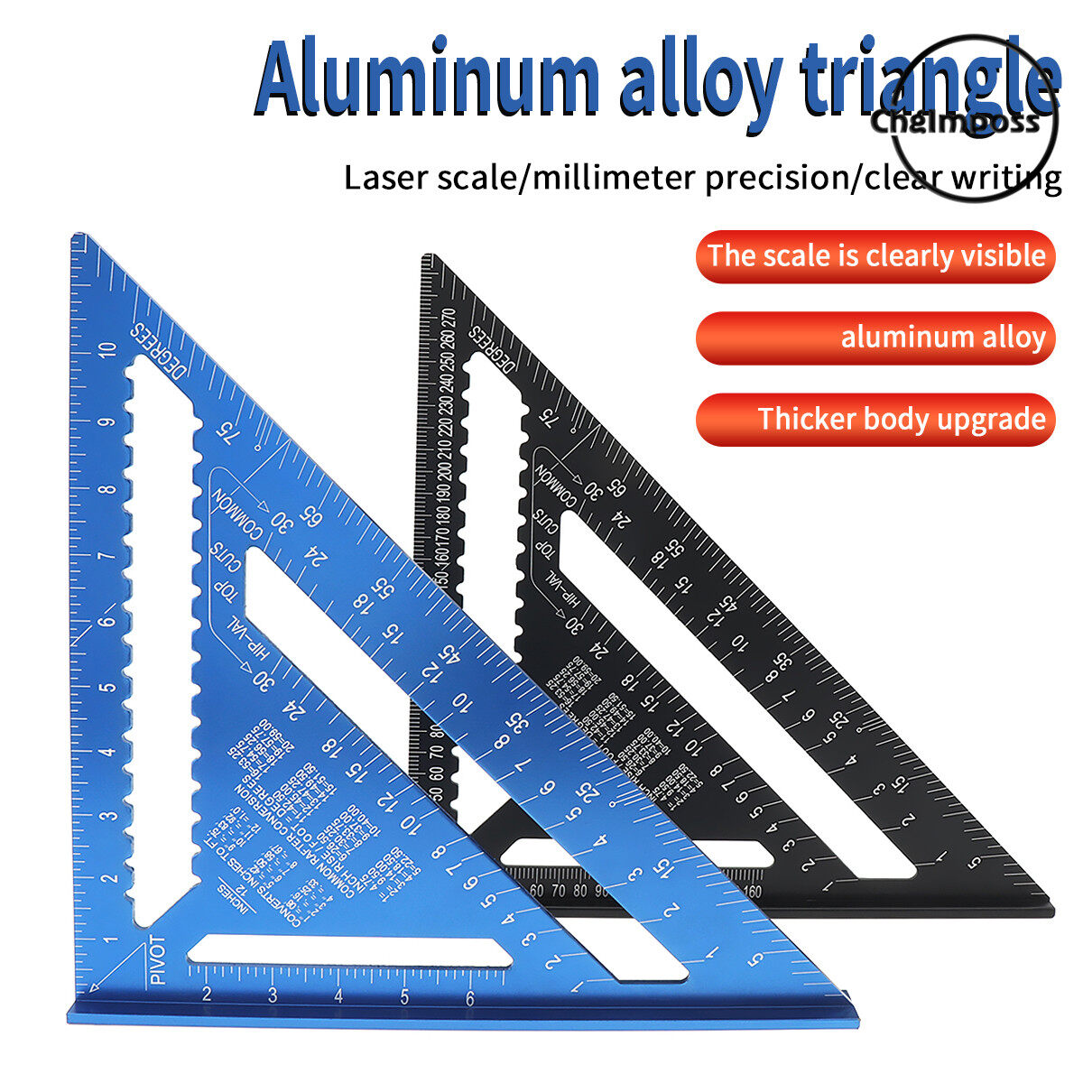ChgImposs 12 Inch Aluminum Alloy Triangle Ruler Angle Protractor Metric Imperial Woodwork Measuring Tool