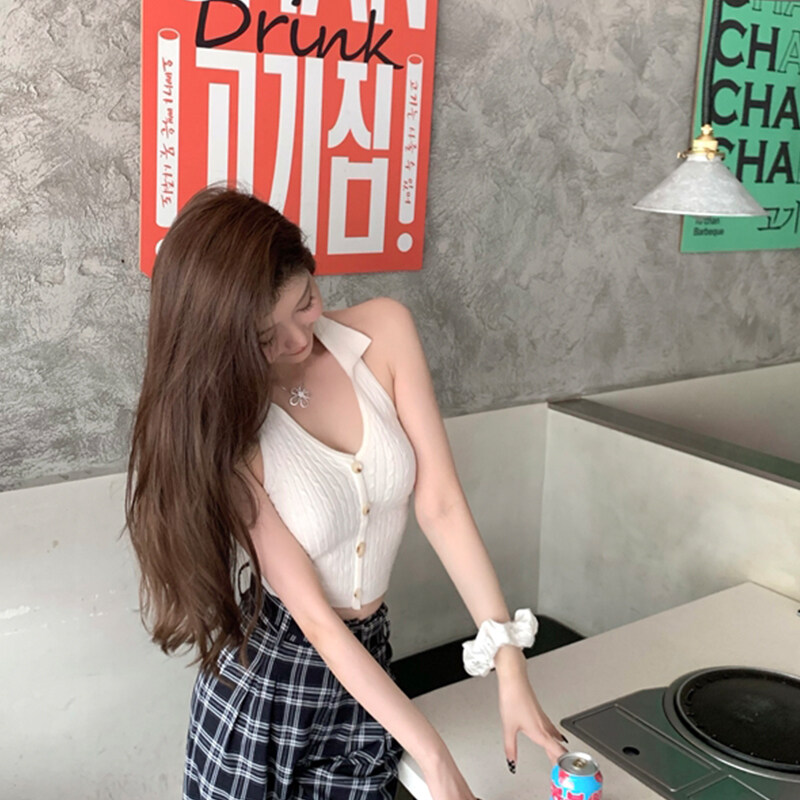 MagicLady Áo Ba Lỗ Dây Polyester Dệt Kim Thời Trang Cho Nữ Áo Ba Lỗ Cài Cúc Cổ Bẻ Màu Trơn Áo Hở Eo Ôm Sát Cổ Chữ V Thời Trang Mùa Hè