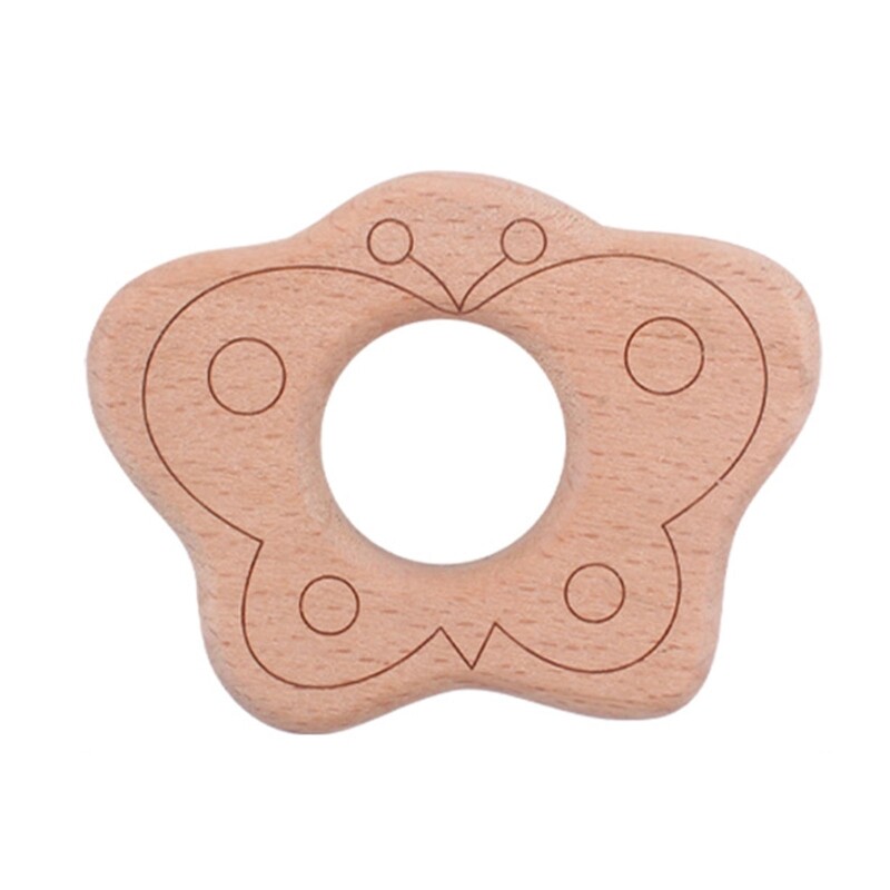 Wooden Baby Teether Cartoon Handshake Ring Rattle Bell Non-Mold Natural Wood Color Infant Teething Chewing Oral Care Toy