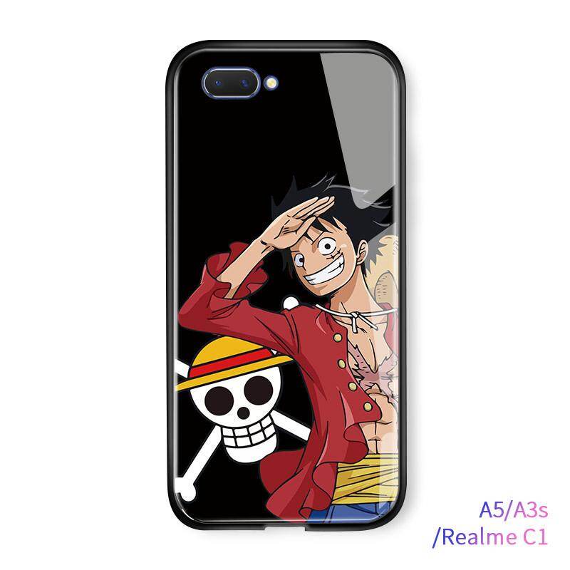 UCUC Case For OPPO A3s / A5 OPPO A12e Glass Handphone Case Luffy Anime Glossy OPPO A12E Casing Phone Case Soft Edge Tempered Glass Back Cover