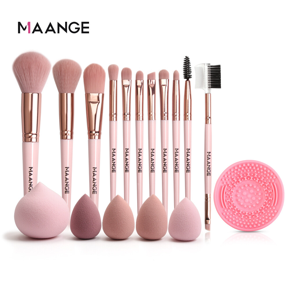 MAANGE 11Pcs Pink Makeup Brushes Set with 5Pcs Min Sponge & 1Pcs Cleaner Powder Eyeliner Eyebrow Cosmetic Tools Set