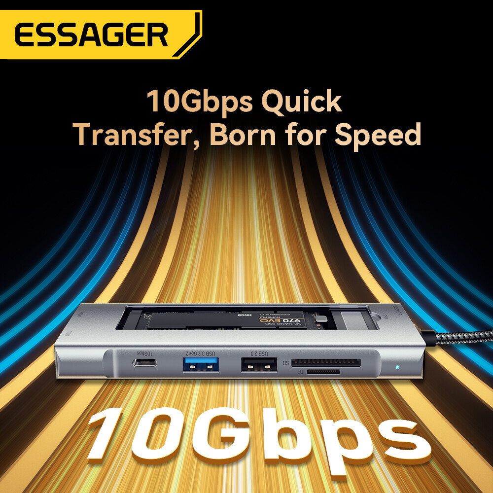 Essager Bộ chia USB Type-C Với Đĩa Chức Năng Lưu Trữ 8 Trong 1 USB C Để ổ SSD SATA HDD Máy Tính Xách Tay trạm dock PC Đối Với MacBook Pro Không Khí M1 M2