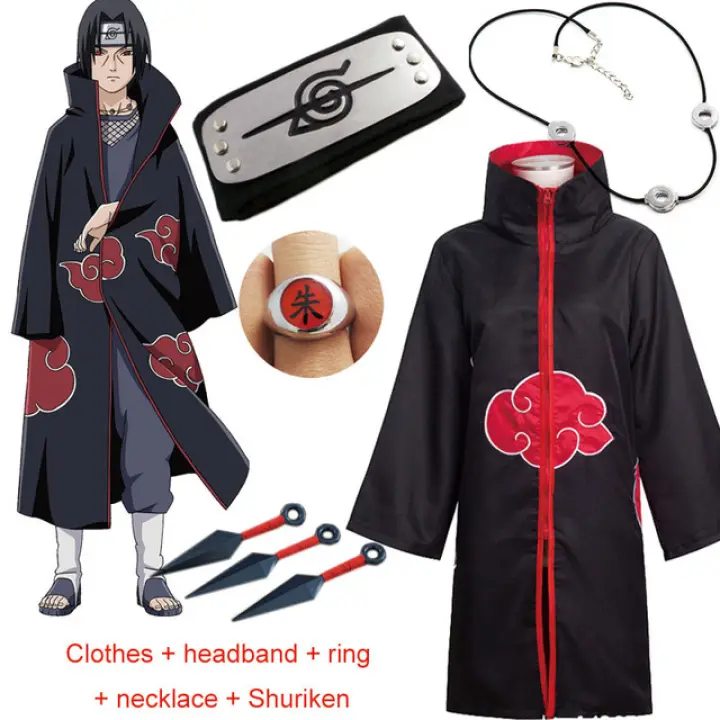 Available Naruto Cosplay Costume Akatsuki Cloak Uchiha Itachi Sharingan Headband Necklace Ring Kunai Pain Halloween Costume For Men Kids Lazada Ph
