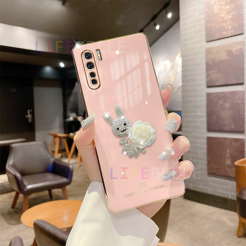 LIFEBELLE Ốp Cho OPPO A91 Reno3, Ốp Điện Thoại Mềm Mạ Hoa Đẹp Hình Thỏ Dễ Thương Thời Trang 3D Kim Cương Giả Cho Nữ Ốp Lưng Silicon Bảo Vệ Chống Sốc Cho Oppo Ốp Đôi